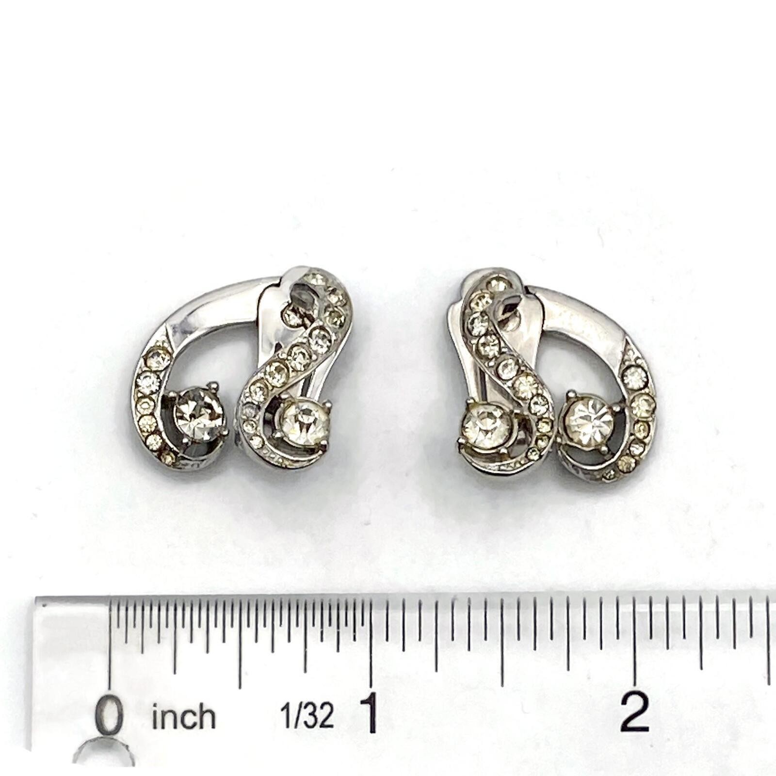 1950s Mid Century Style Silver Tone and Rhinestone Vintage Clip on Earrings.
