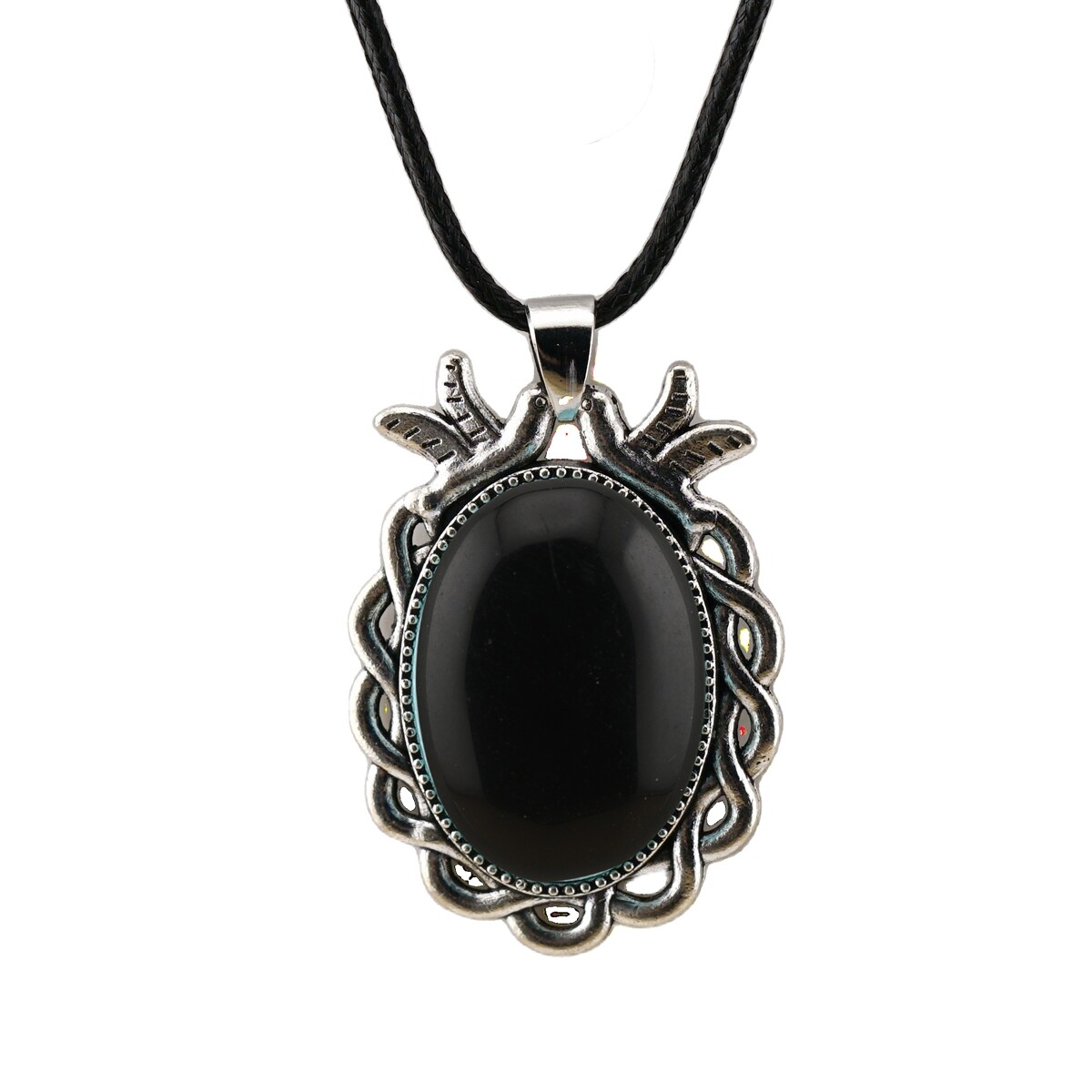 Natural Gemstone Oval Pendant with Lace and Bird Feather Wrapped Necklace