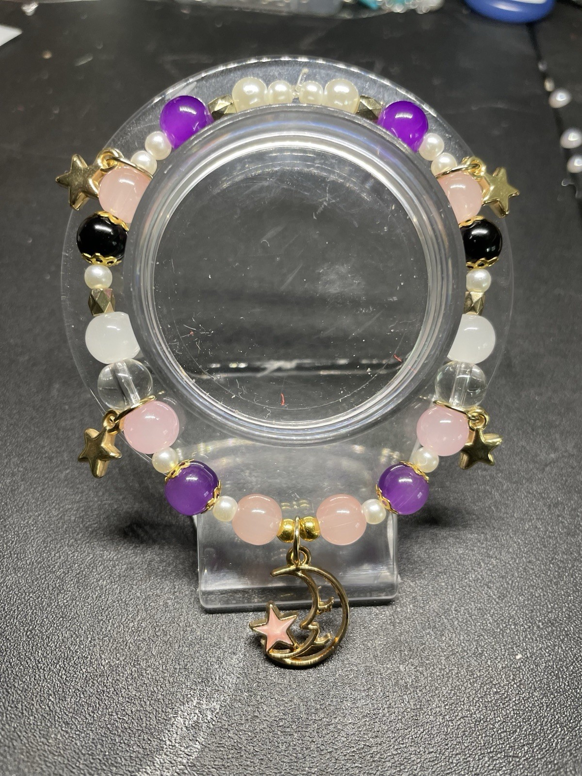 Multicolor Beaded Stretch Charm Bracelet Moon & Star Dangle, Celestial