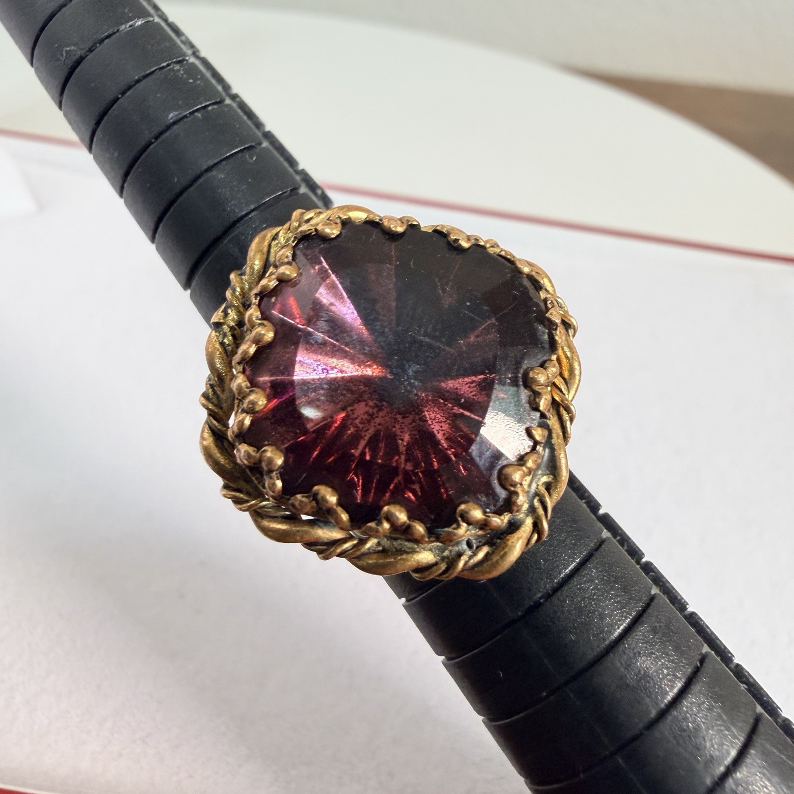 VTG West Germany Purple Porphyry Slag Glass Twisted Brass Shank Adjustable Ring
