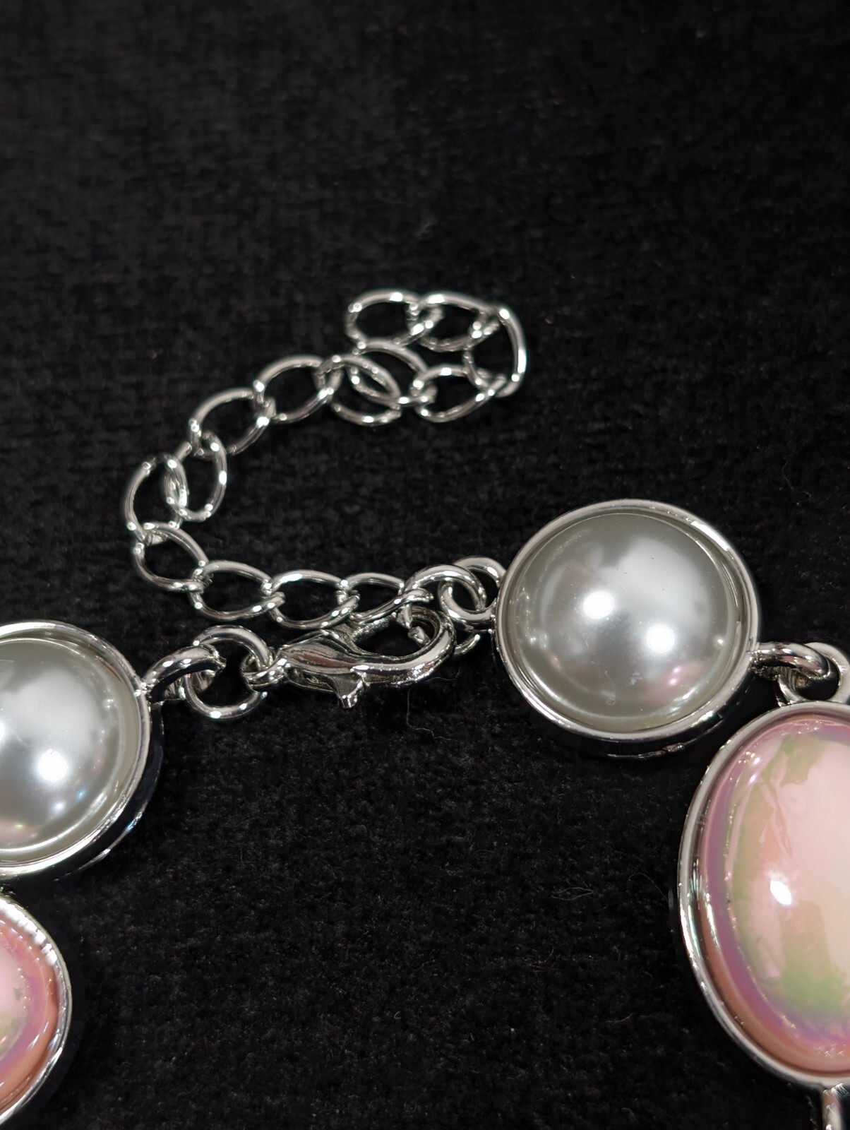 Silver Tone Pink Iridescent AB Crystal Faux Pearl Bezel Tennis Bracelet 9 in