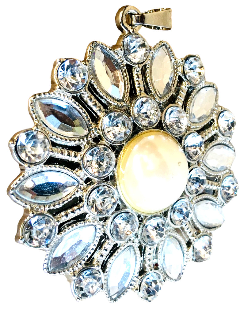 Pendant Rhinestone Crystal Faux Pearl 2” Silver Tone Round Fashion Jewelry