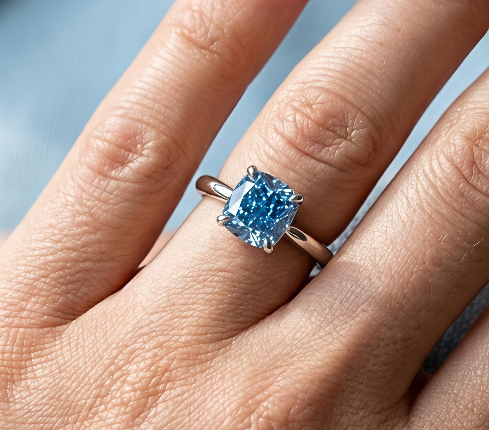 2 CT Blue Color Cushion Cut Solitare VVS1 Diamond Ring 925 Sterling silver +Gift