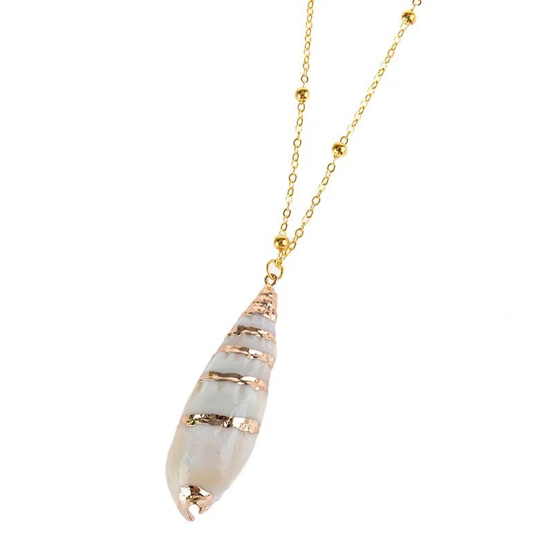 Spiral Turritella Sea Shell Necklace – White Shell Pendant with Gold Trim Chain