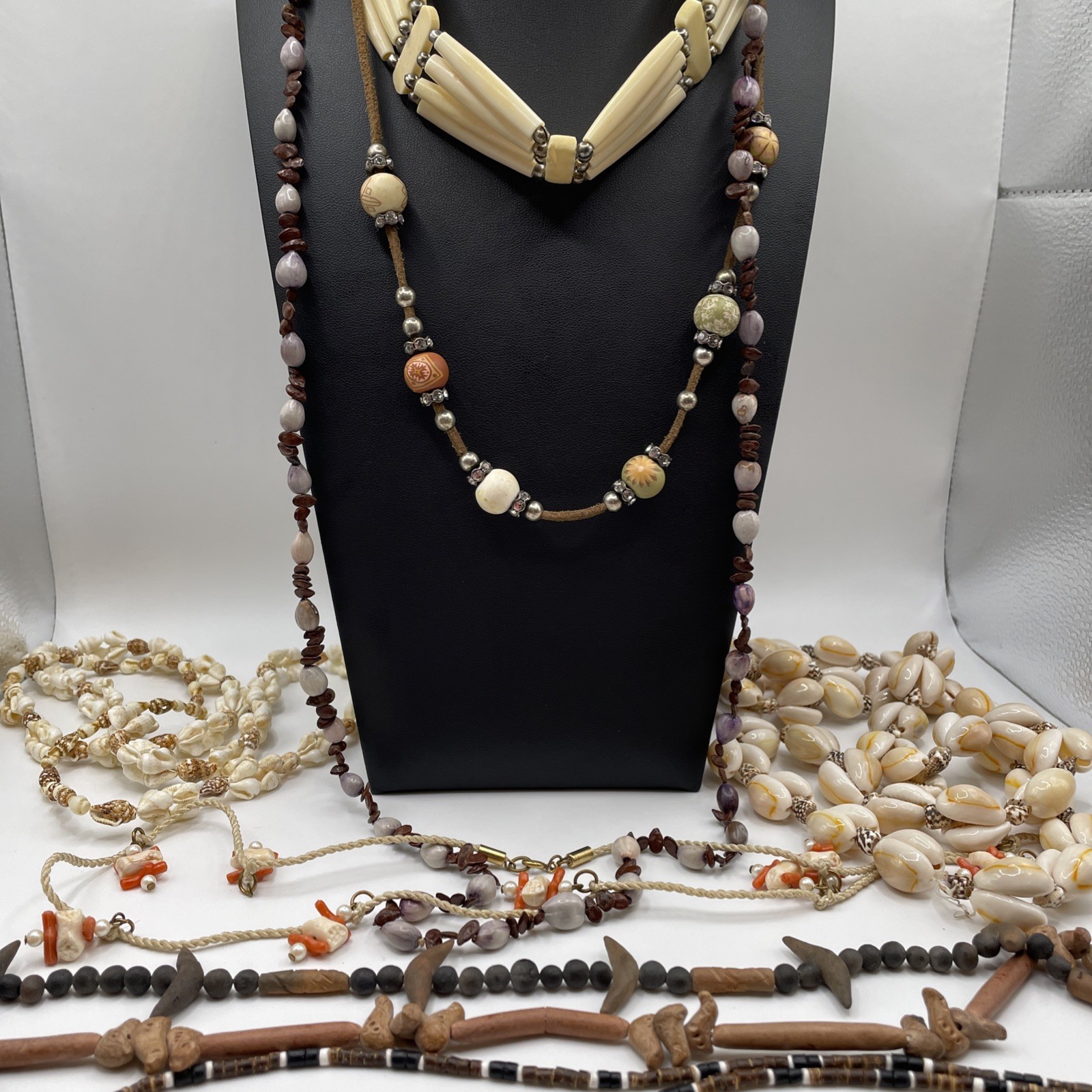 Necklace Lot Of 9 Misc Ethnic Estate Jewelry Shells Seeds Clay Beads Boho Funky