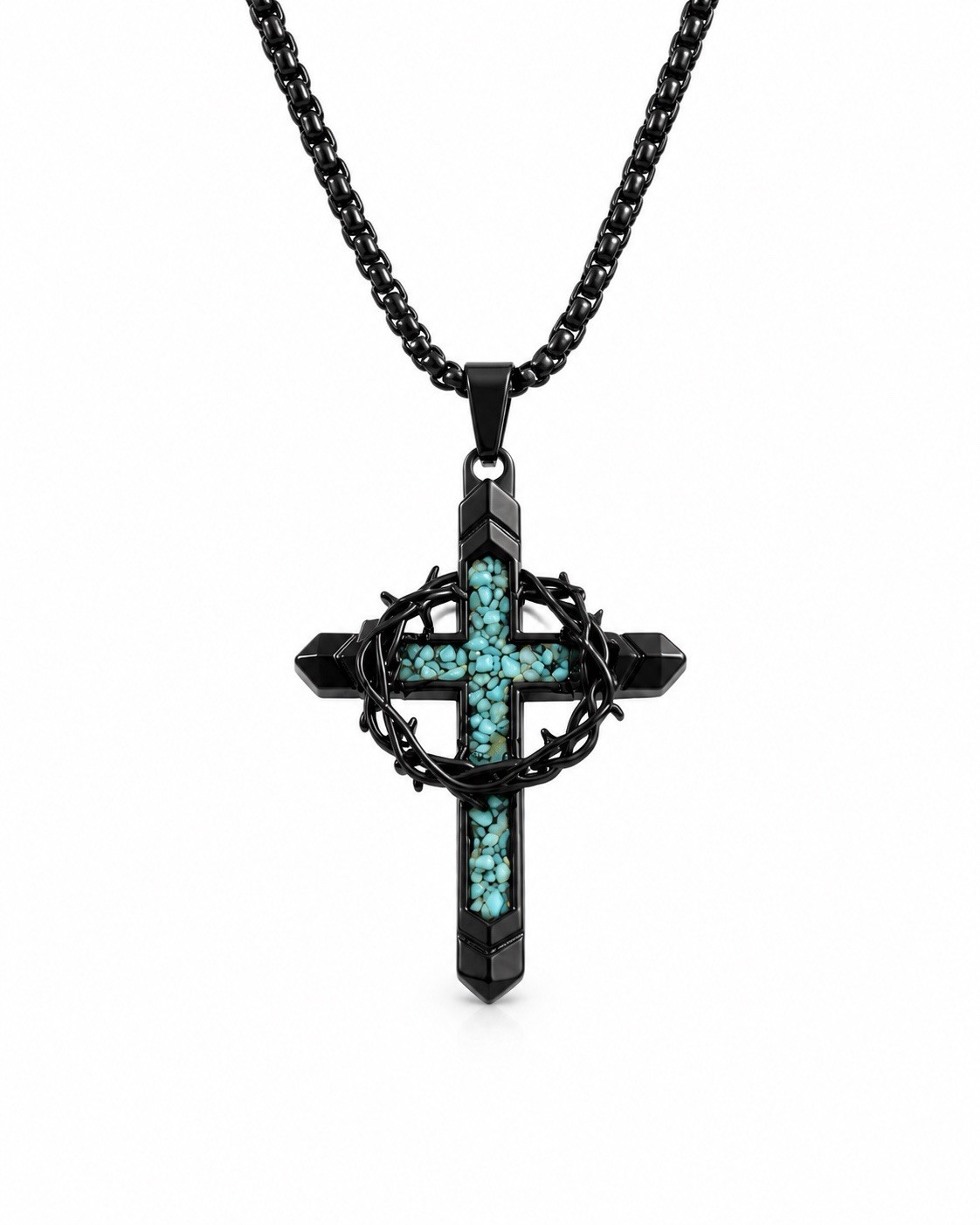 Black Cross Pendant Necklace Turquoise Inlay Crown of Thorns 24” Chain Christian
