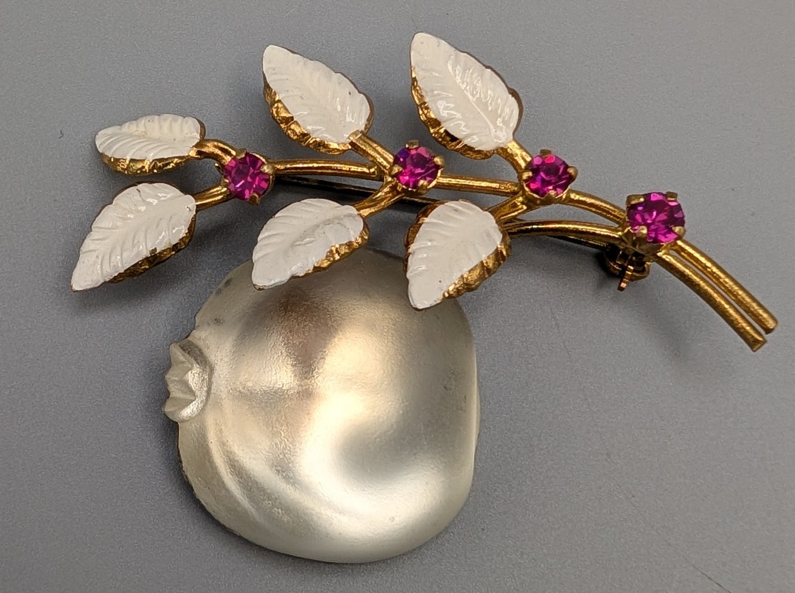 Vintage Signed Austria Forbidden Fruit Pear Fig Brooch Pin White 1950s