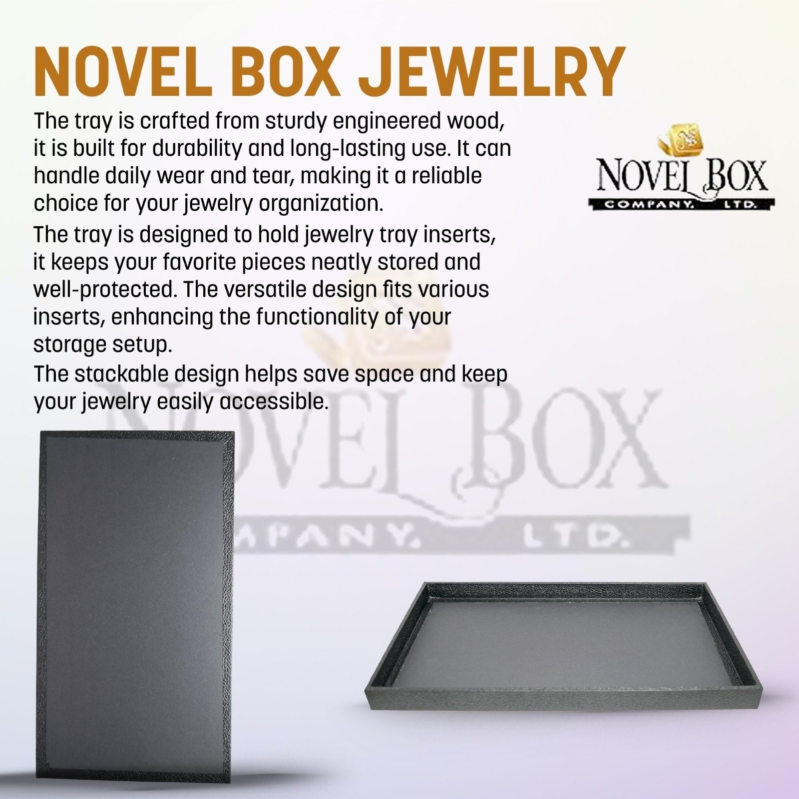Novel Box Black Wood Jewelry Display Tray 14.75×8.25×1.15 Inches (No Lid)