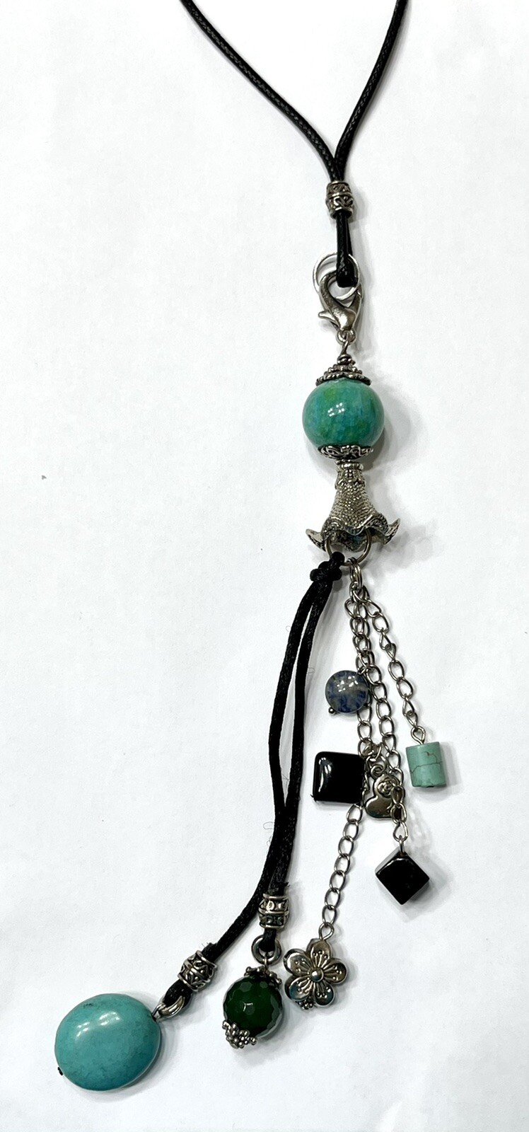 Beaded CLIP-ON GEMSTONE CHARM Necklace. length 24 in. Charm 8 3/4 in