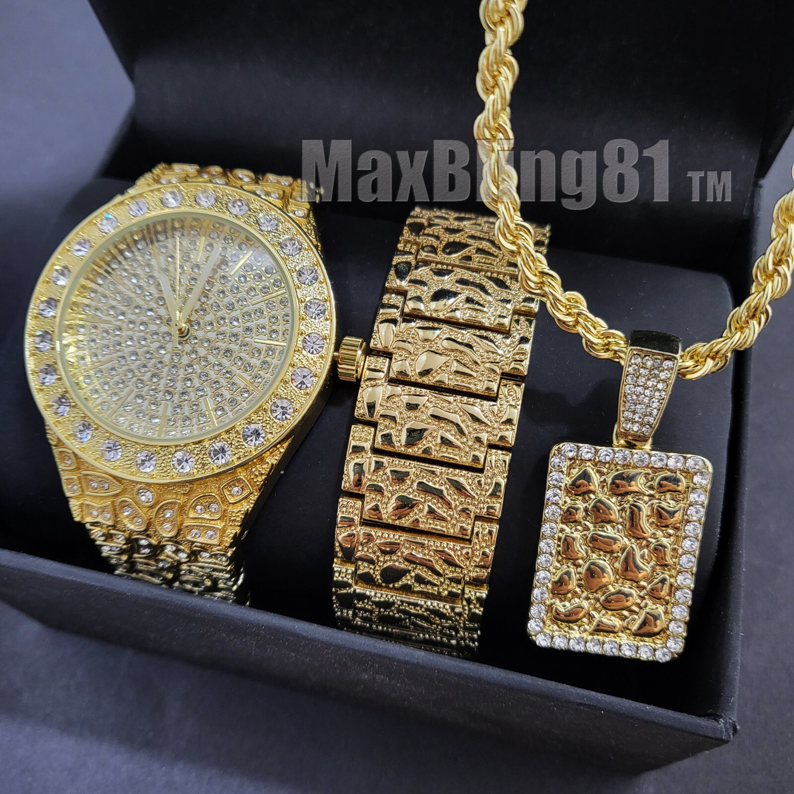 HIP HOP GOLD PLATED BLING GOLDEN NUGGET WATCH & NECKLACE & EARRINGS GIFT SET