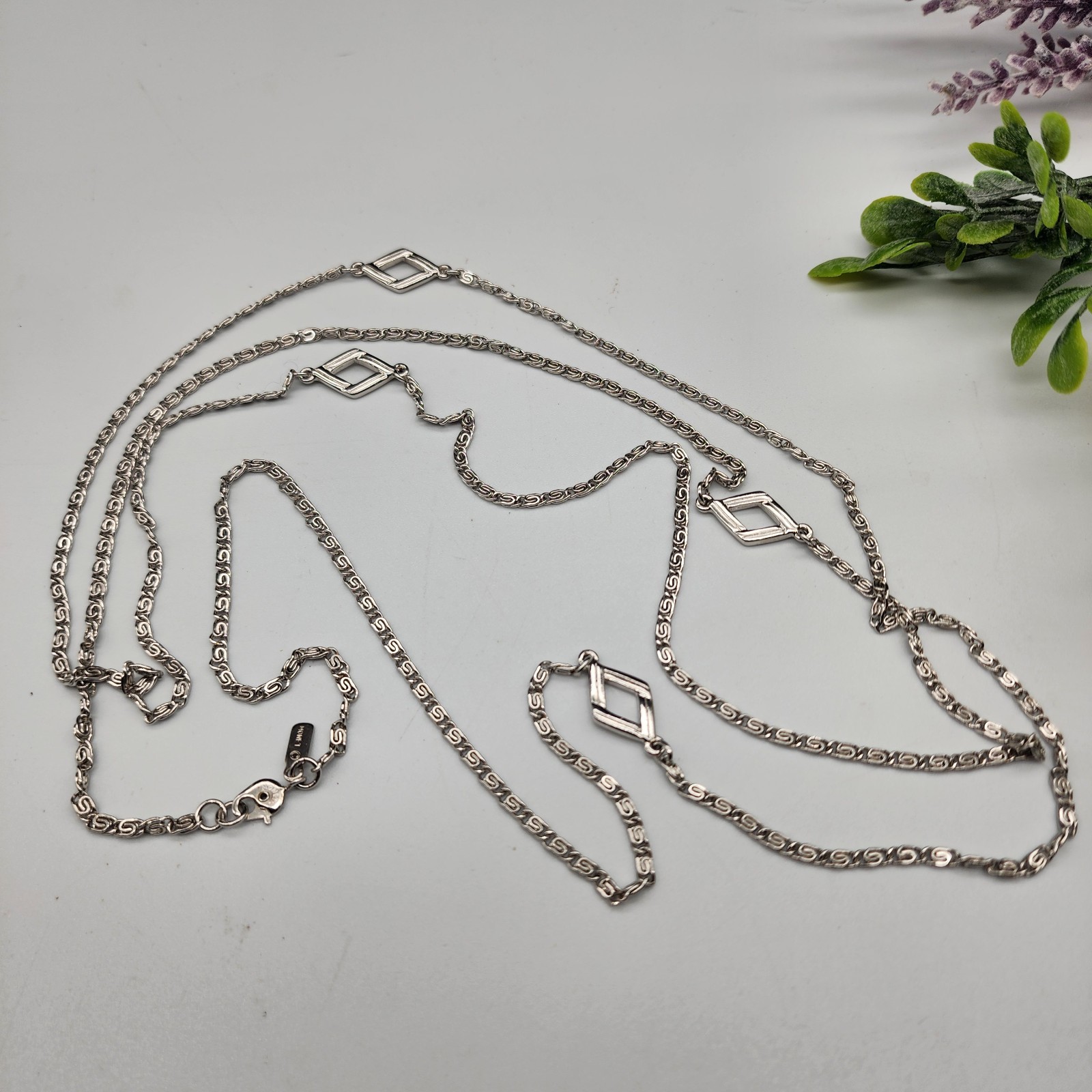 Vintage Monet Greek Key Link Chain Necklace Silver Tone Fancy Meander Link 56in