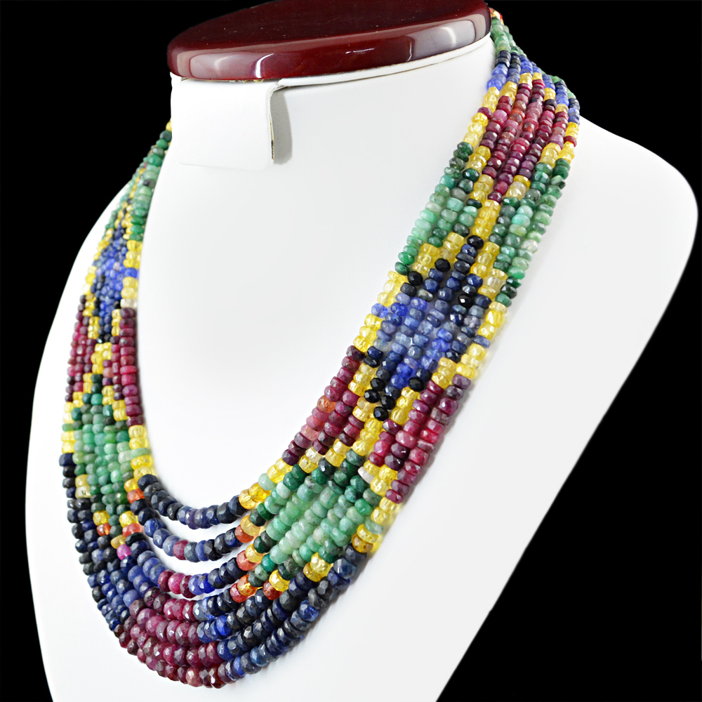 780.00 CTS NATURAL FACETED BLUE SAPPHIRE, RUBY & EMERALD 7 LINE BEADS NECKLACE