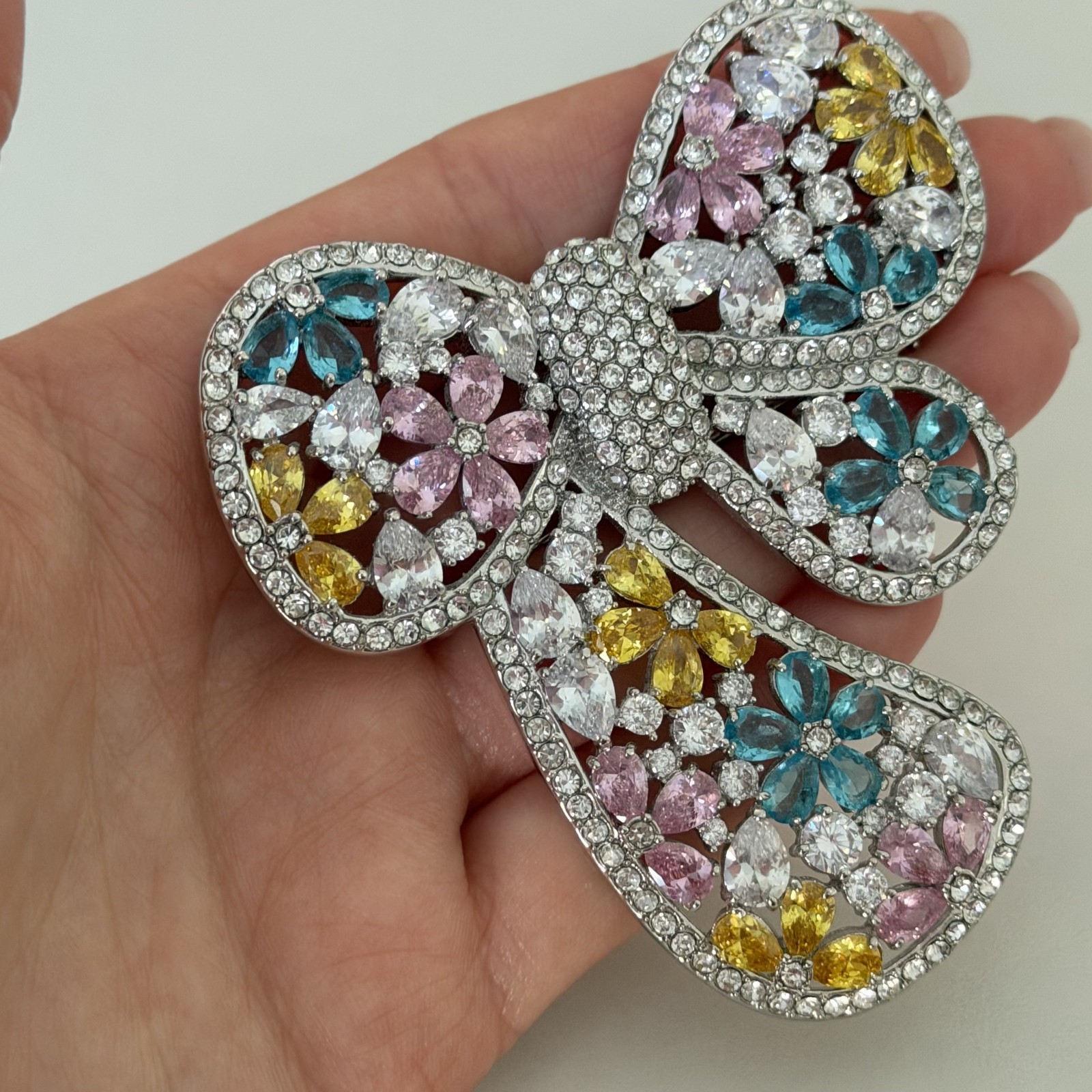Joan Boyce Huge Multicolor Crystal Bow Ribbon Spring Flower Statement Brooch Pin
