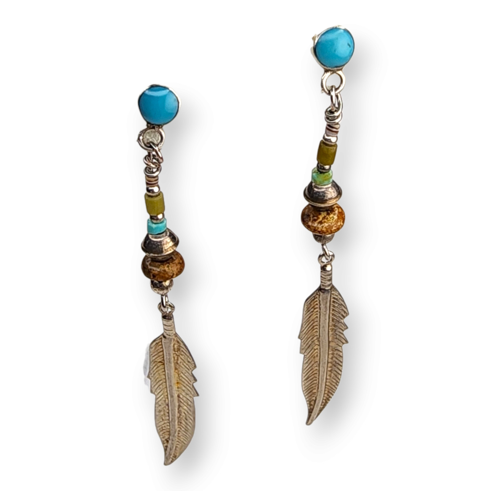 Vintage Sterling Silver 925 Turquoise Feather Stone Post Earrings