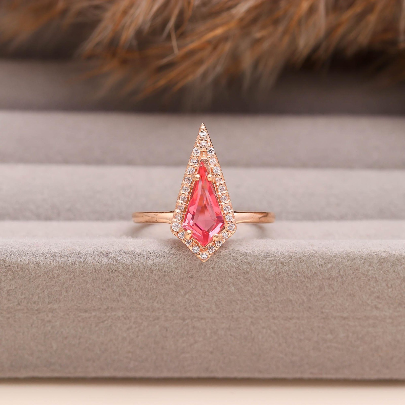 Natural Pink Topaz Kite Shape Ring Rose Gold Fill 925 Sterling Silver Jewelry