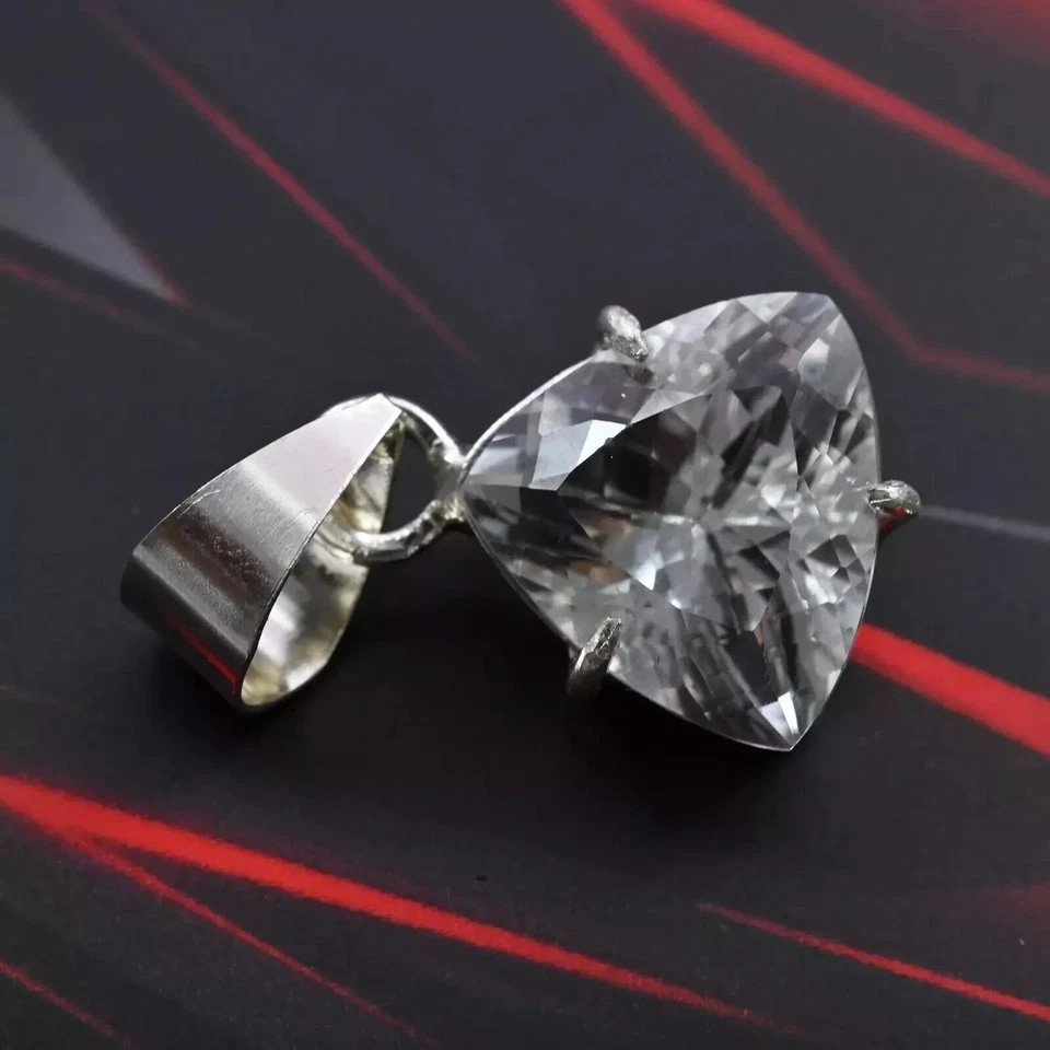 Natural 21 Ct White Sapphire Trillion Cut Loose Gemstone 925 Silver Pendant