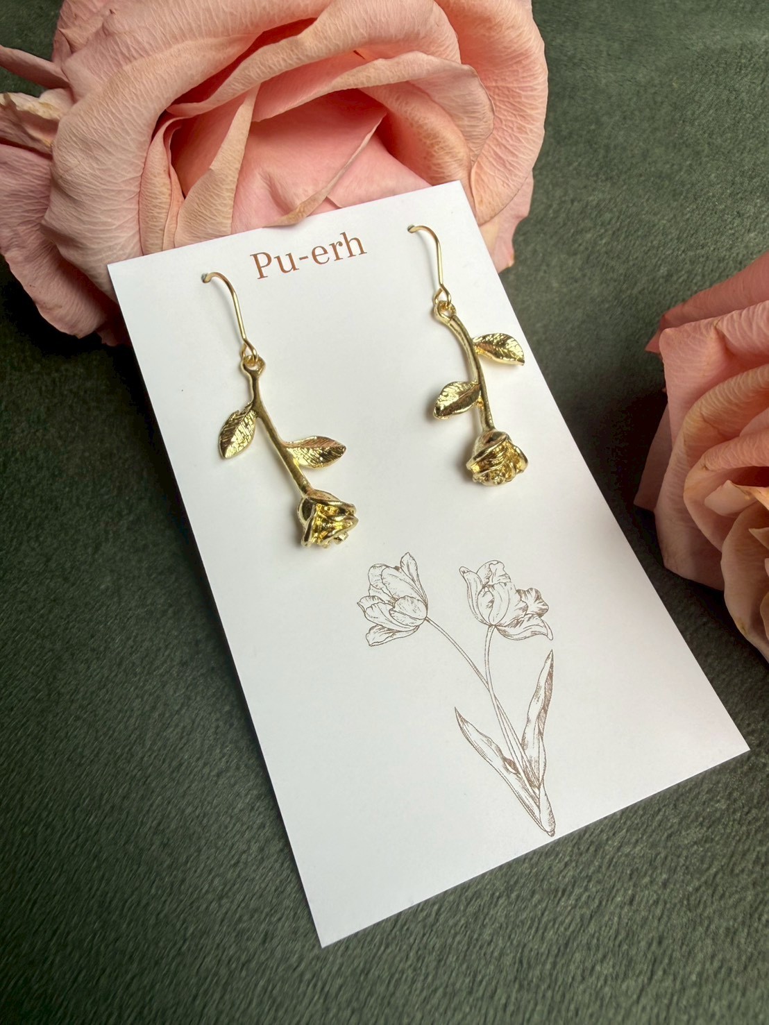 Gold Rose Hook Earrings – Floral Design, Hypoallergenic Stainless Steel 18kgp