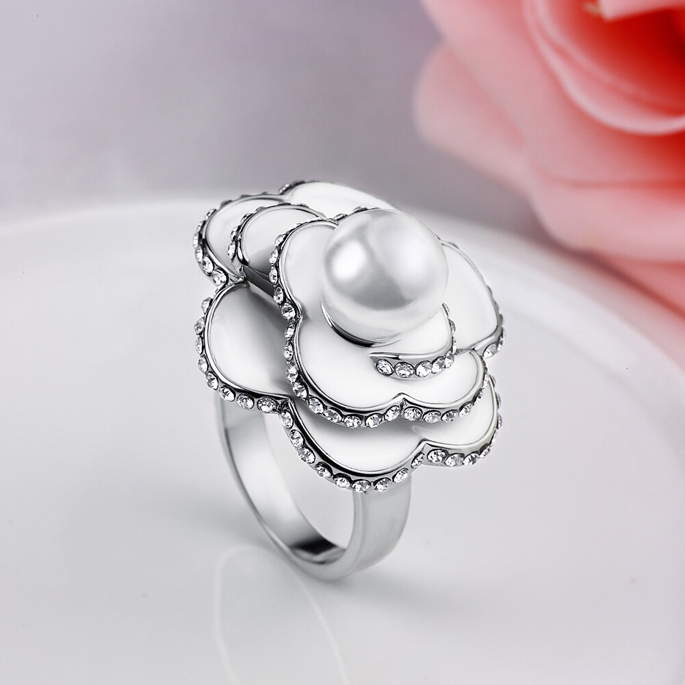 Womens Platinum Plated Ceramic Elegant Pearl CZ Crystal Flower Vogue Ring #DR111