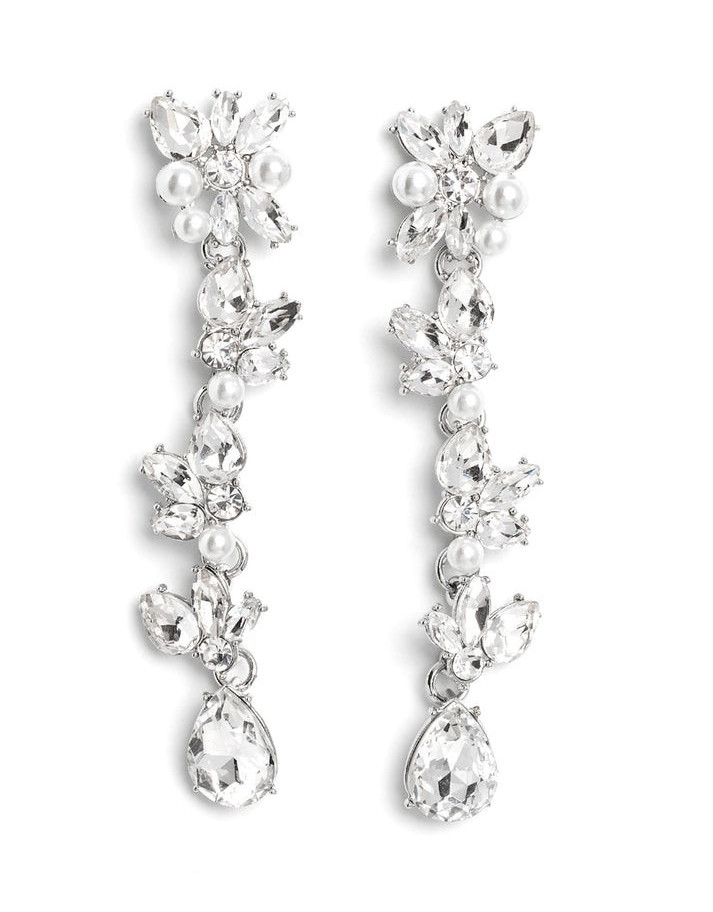 Paparazzi Silver Tone Clear Crystal & Pearl Teardrop Dangle Post Earrings