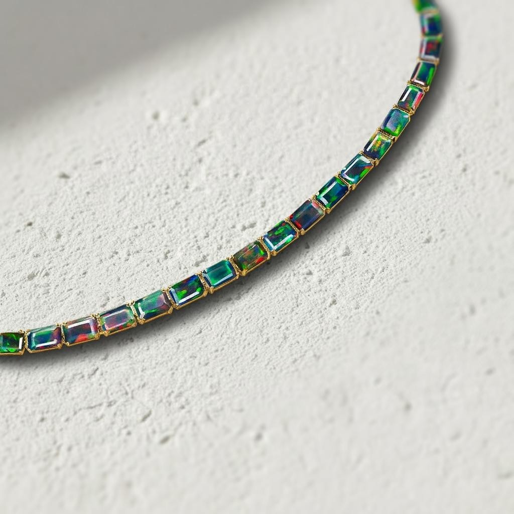 Black Opal Octagon Gemstone Tennis Necklace, Natural Opal 925 Silver Necklace