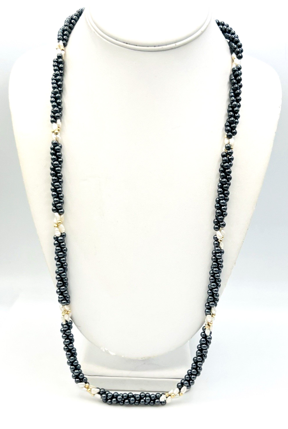 Vintage Twisted Hematite Rice Pearl 14K Gold Bead Necklace 30 in