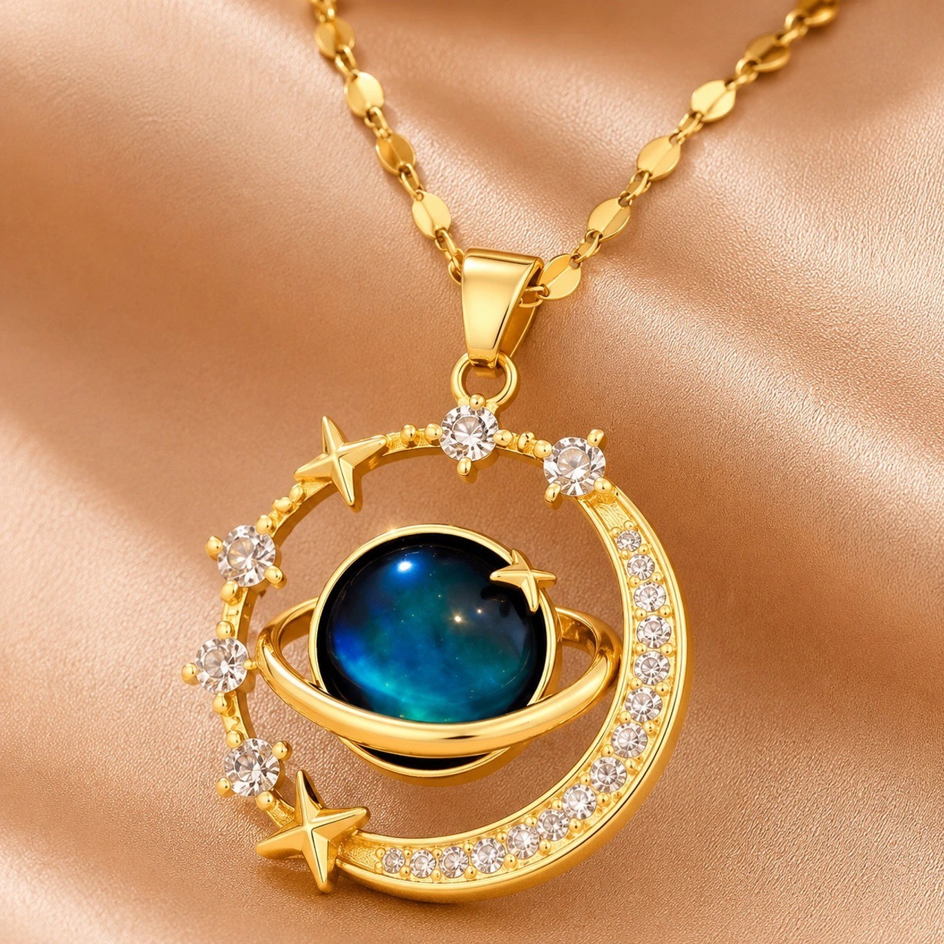 Gold-Plated Moon & Star Zircon Pendant Necklace | Art Deco Style, Daily Wear