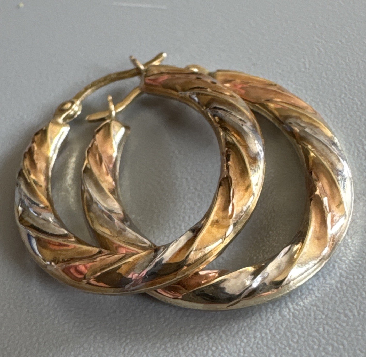 9ct Yellow, Rose & White Gold Twist Oval Creole Hoop Earrings 24.7mm Long 0.78g