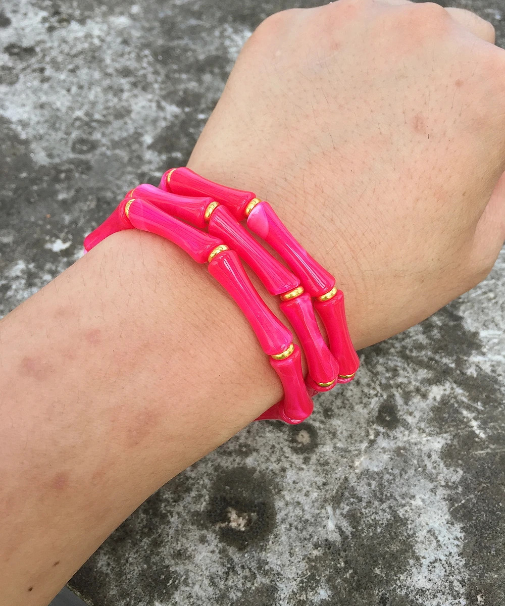 3 pc Leopard Acrylic Bamboo Beaded Bracelet Women Retro Thin Tube Stack Jewelry