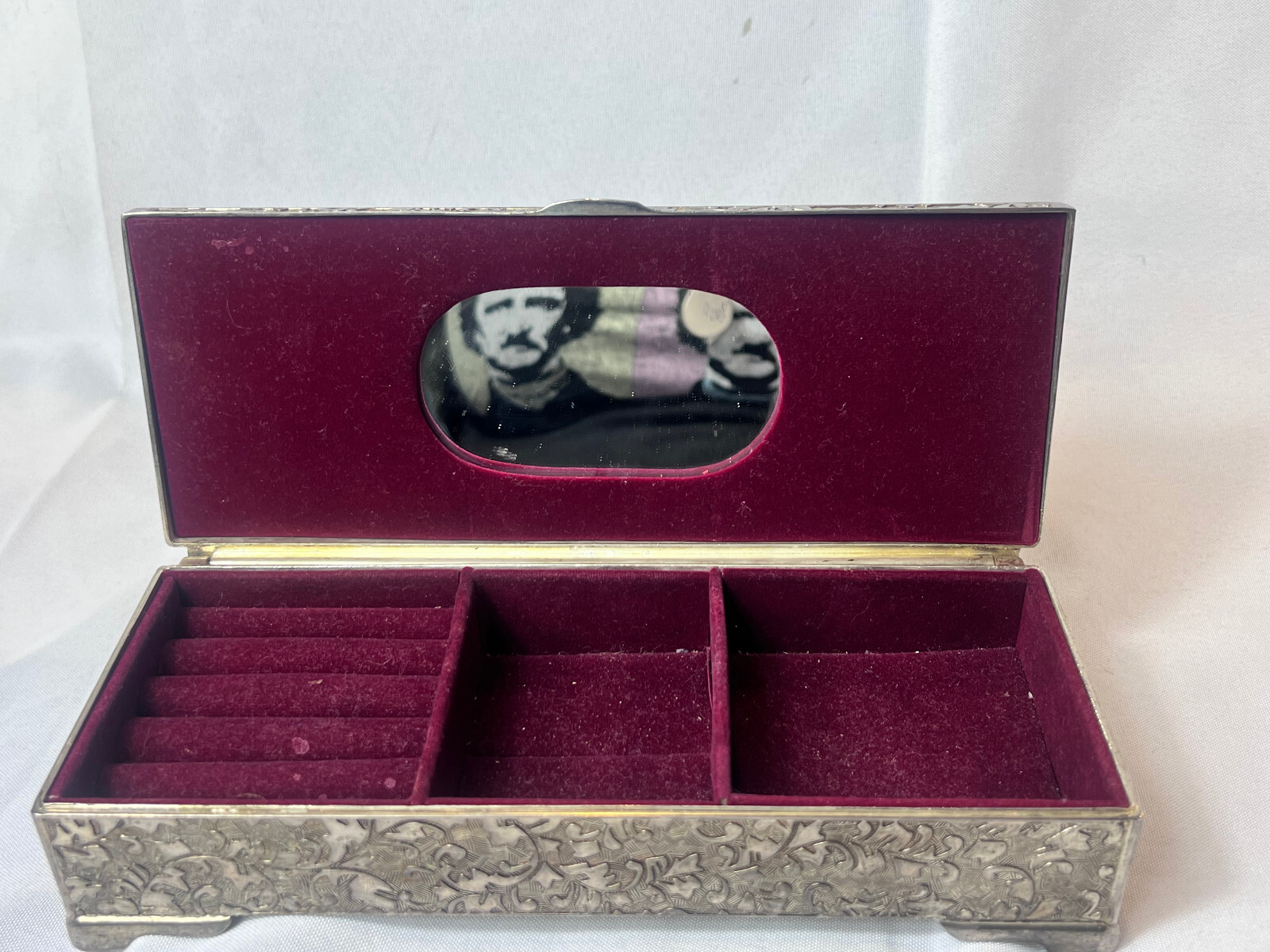 Vtg Silver Tone Jewelry Box Mirrored Dresser Vanity Table Top Lined Case