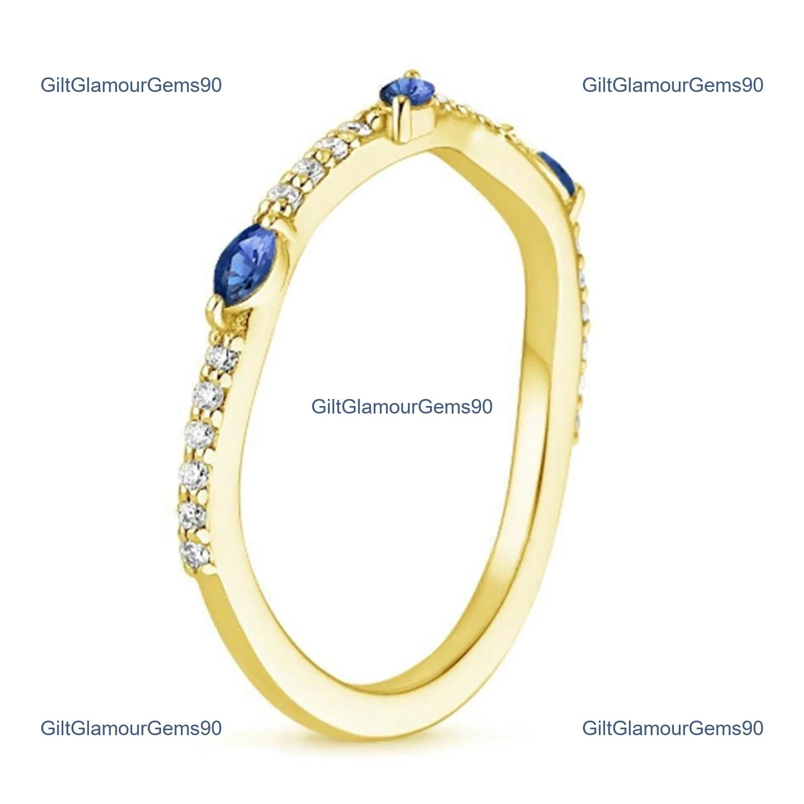 0.27Ct Natural Blue Sapphire & Diamond Marquise Engagement Ring 14k Solid Yellow