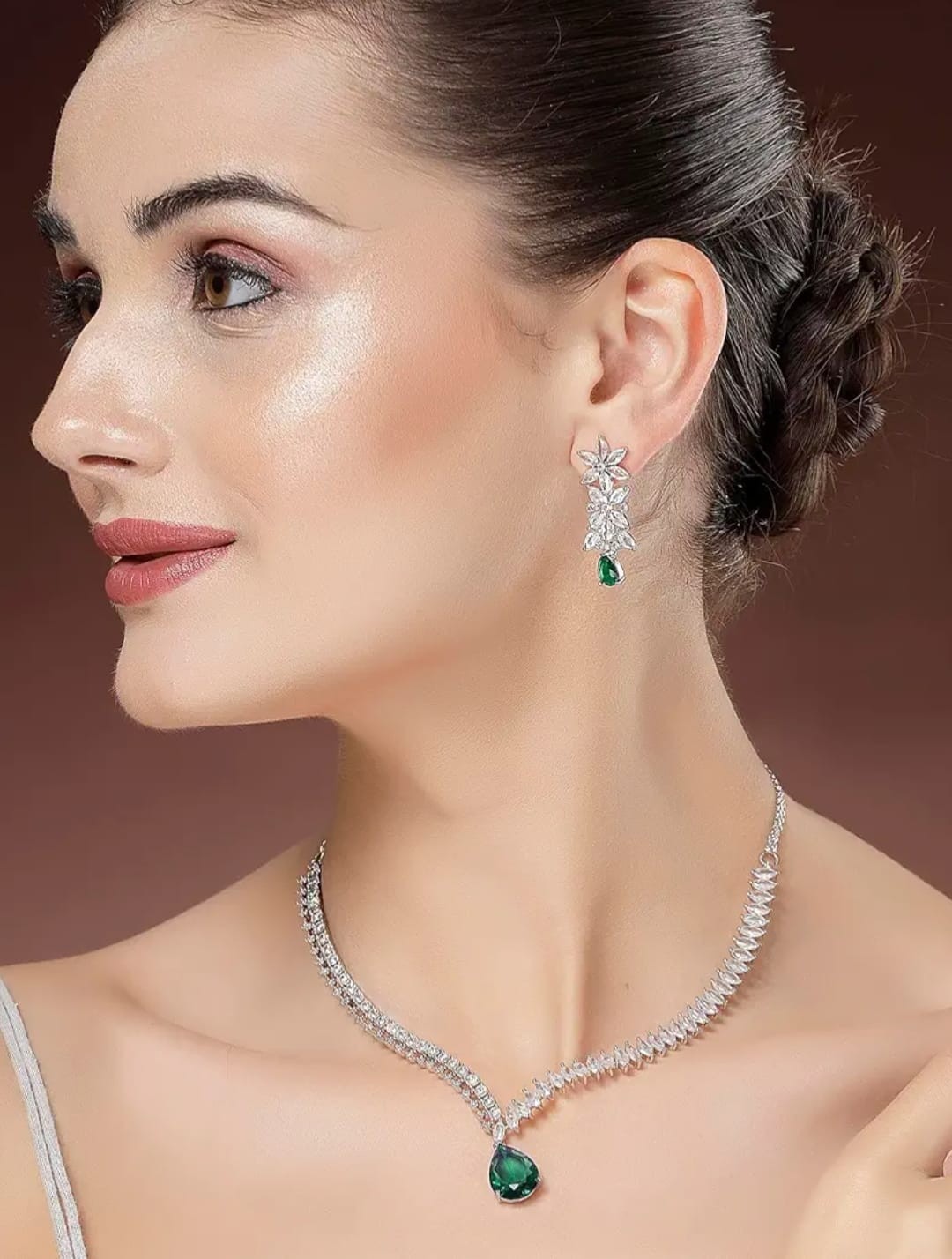 Indian bollywood white/green stone necklace set with matching earrings for women