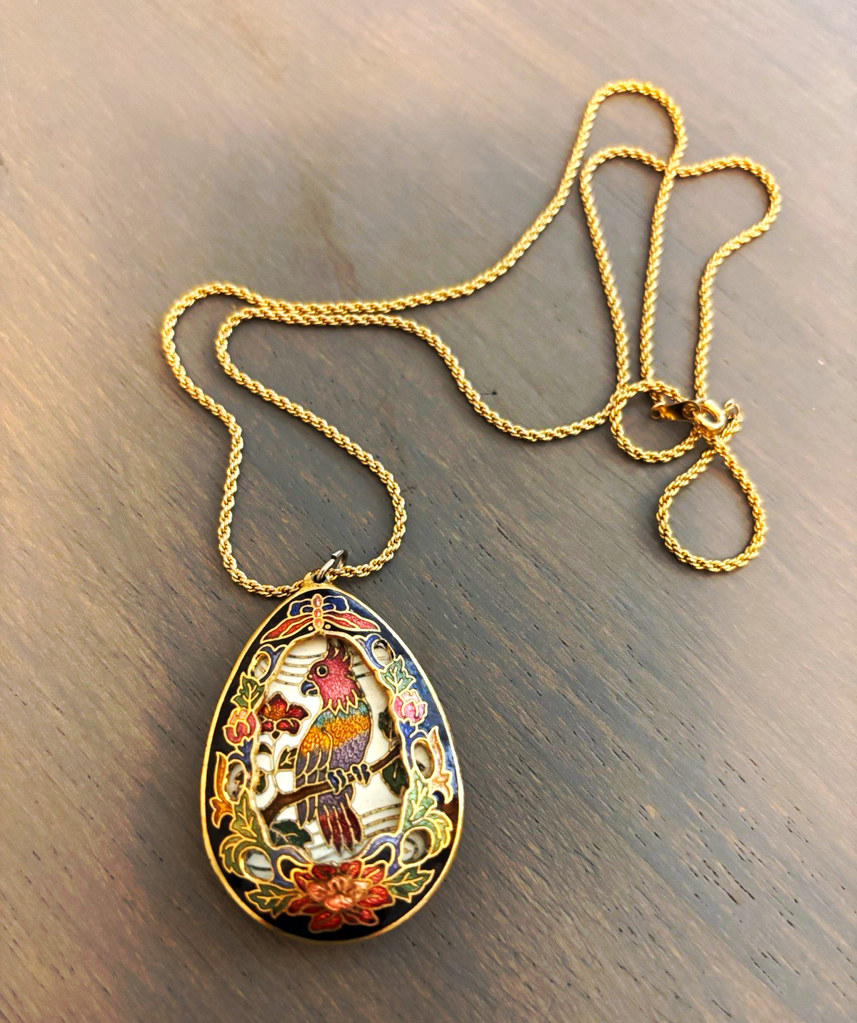 Gold Tone Enamel Bird Floral Teardrop Locket Pendant Rope Chain Necklace