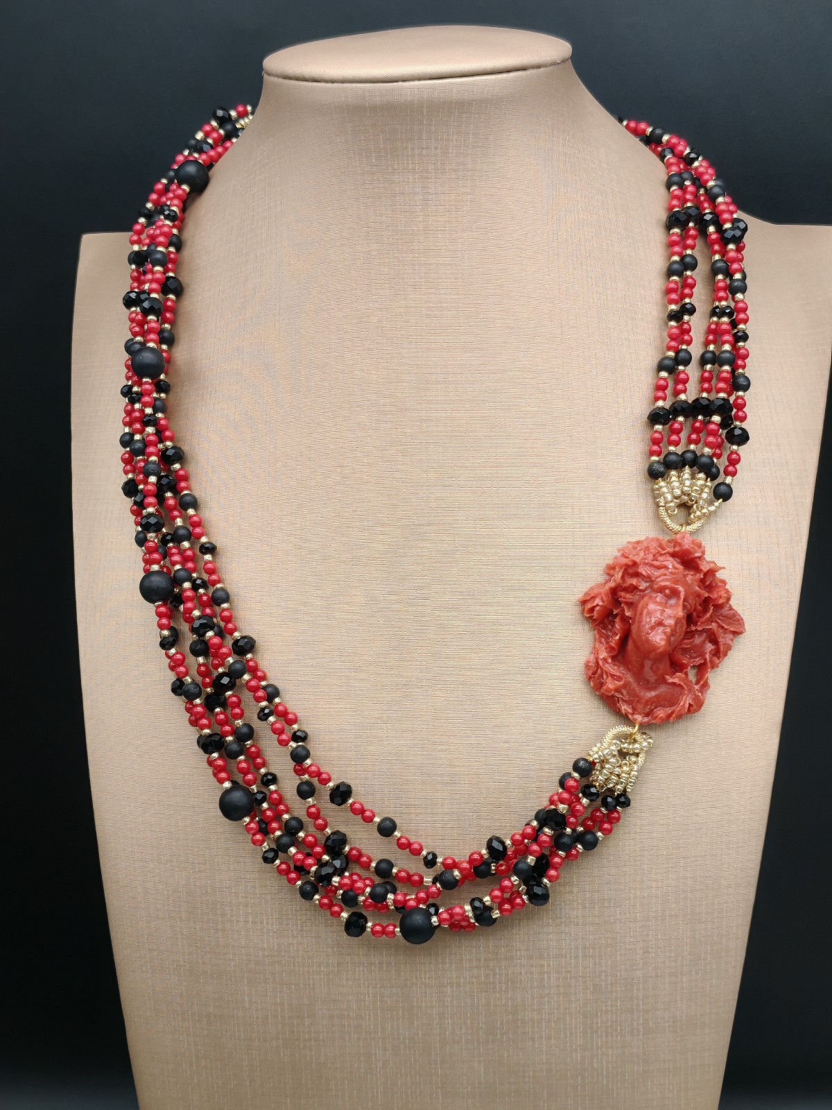 Women Red Coral Cameo Multifilament Elegant Onyx Necklace Made in Italy