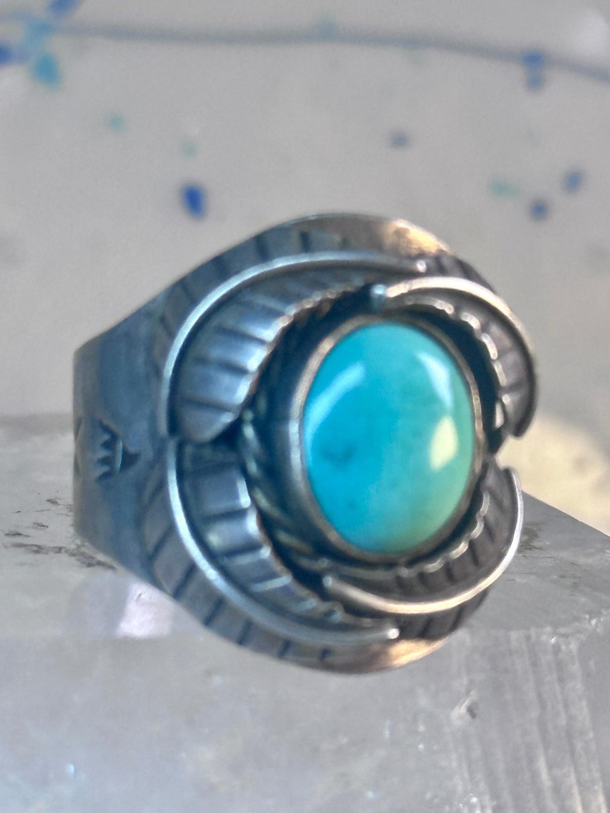Navajo Ring Turquoise wide band leaves size 10.7 southwest sterling silver women
