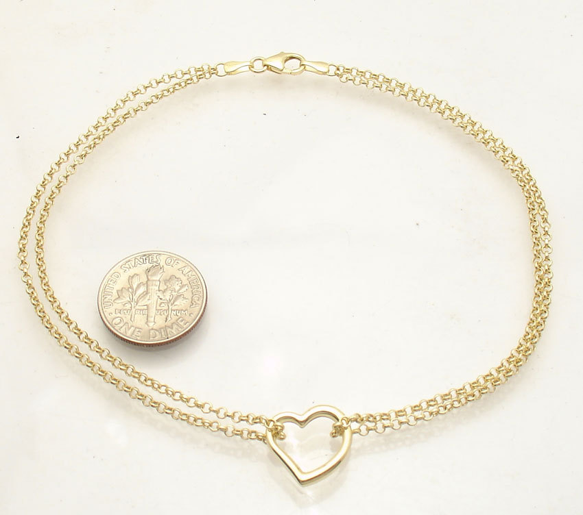 Open Heart Anklet Ankle Bracelet with Double Rolo Chain Real 10K Yellow Gold