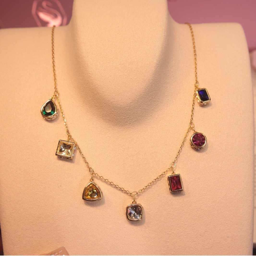 Swarovski Colorful Crystal Geometric Charm Drop Necklace NIB