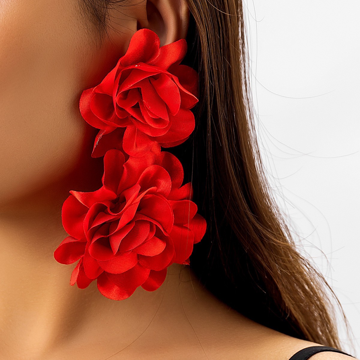 Red Flower Fabric Bold Dangling Earrings for Women – Elegant Statement Jewelry