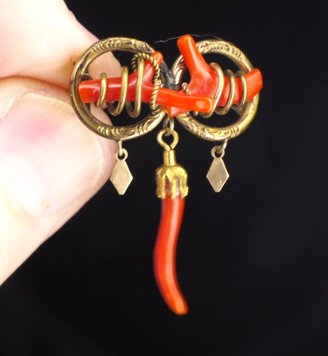 Antique double love knot brooch coral branch pin with dangles C-clasp jewelry