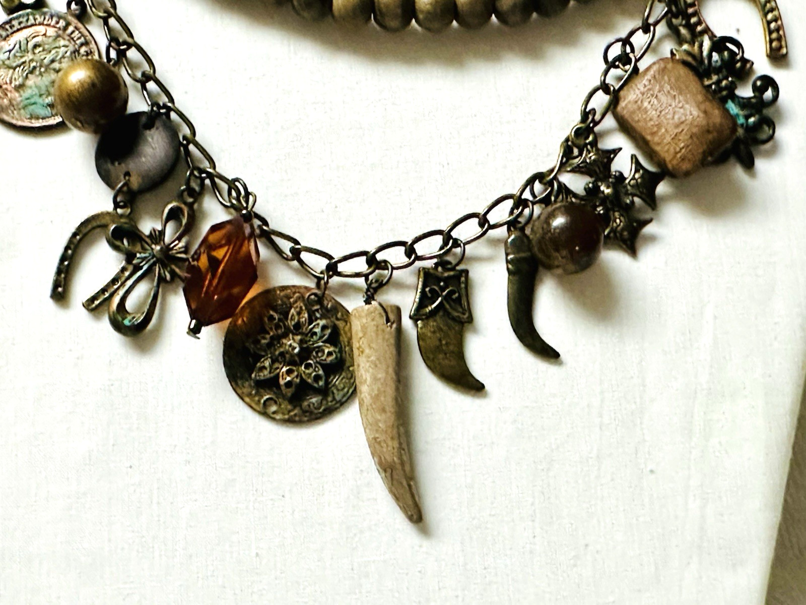 Bib Collar 2 Strand Brown Bead Dangle Charm Necklace n0302