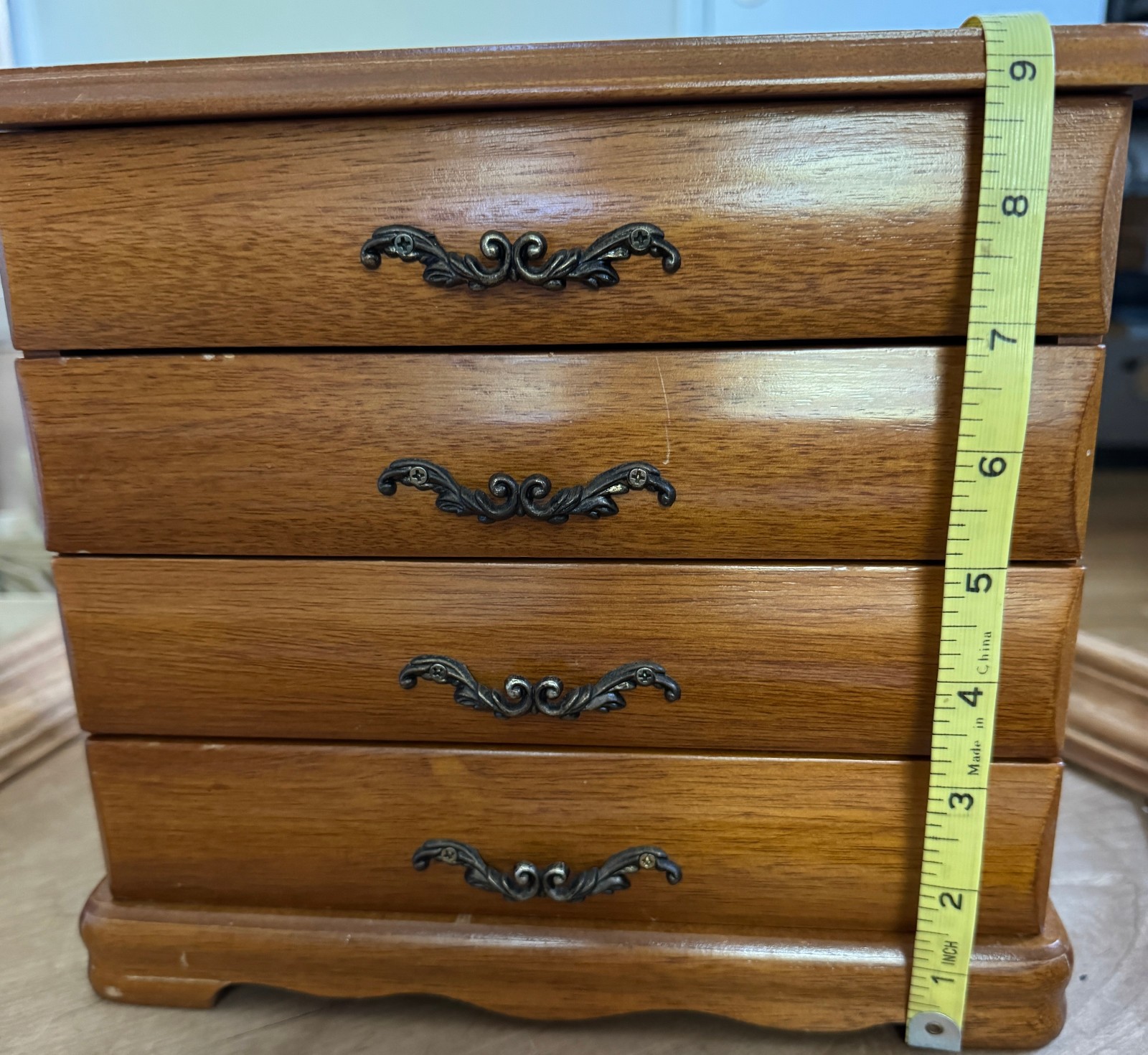 Vintage MELE Wood Jewelry Box 4-Drawer Chest Mirror Lid Ring Rolls Necklace Hook