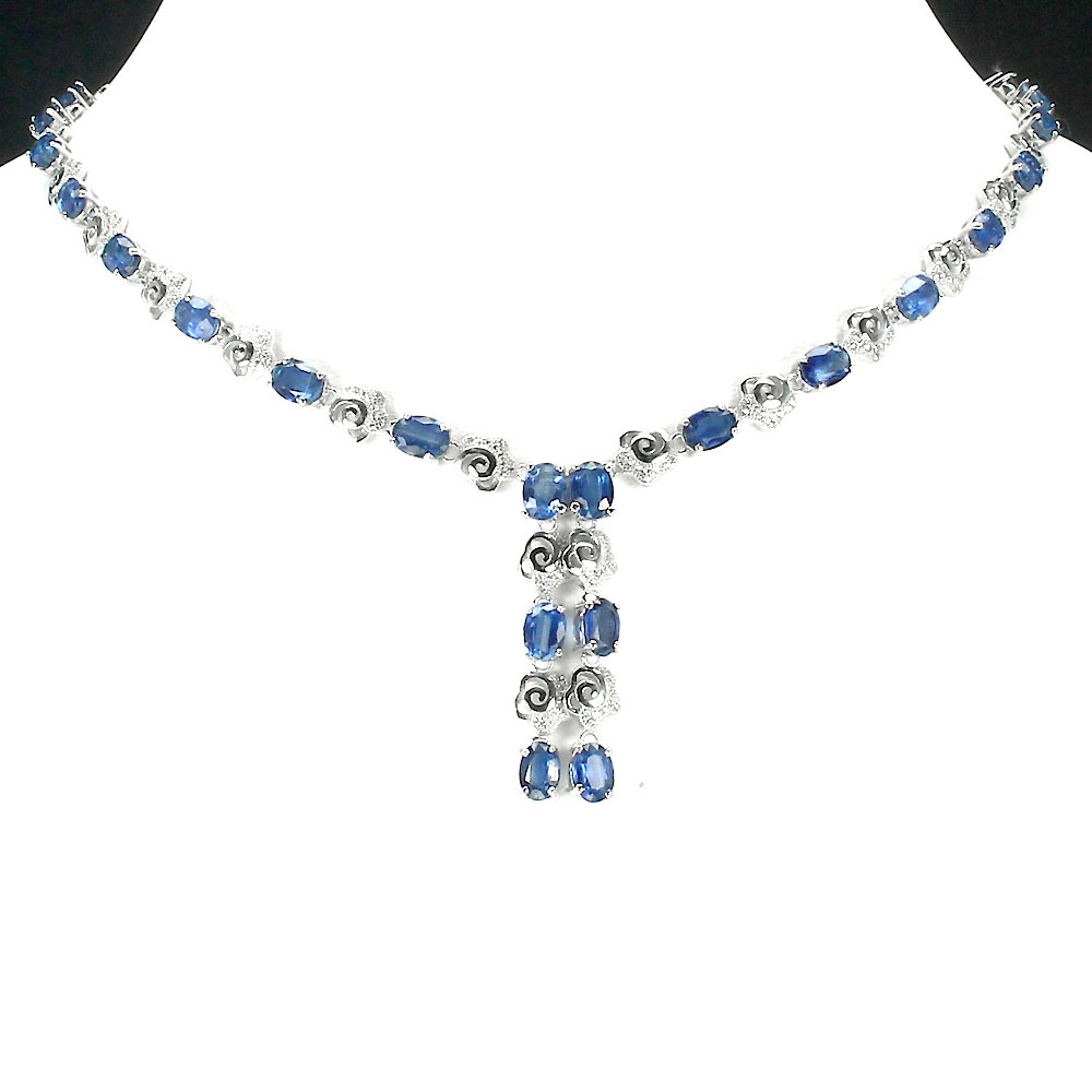 GENUINE GEM Cornflower Blue Kyanite & W. Cz 925 sterling Silver TENNIS Necklace