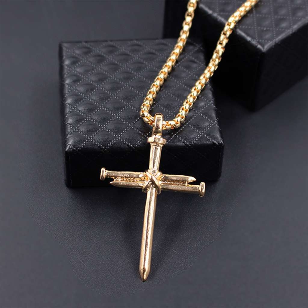 Mens Nail Cross Pendant Necklace Chain Gold/Silver/Black Stainless Steel Christ