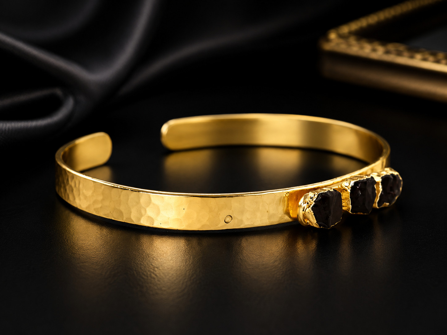 Natural Garnet Raw Bangle, 18k Gold Electroplated Bracelet, January Birthstone