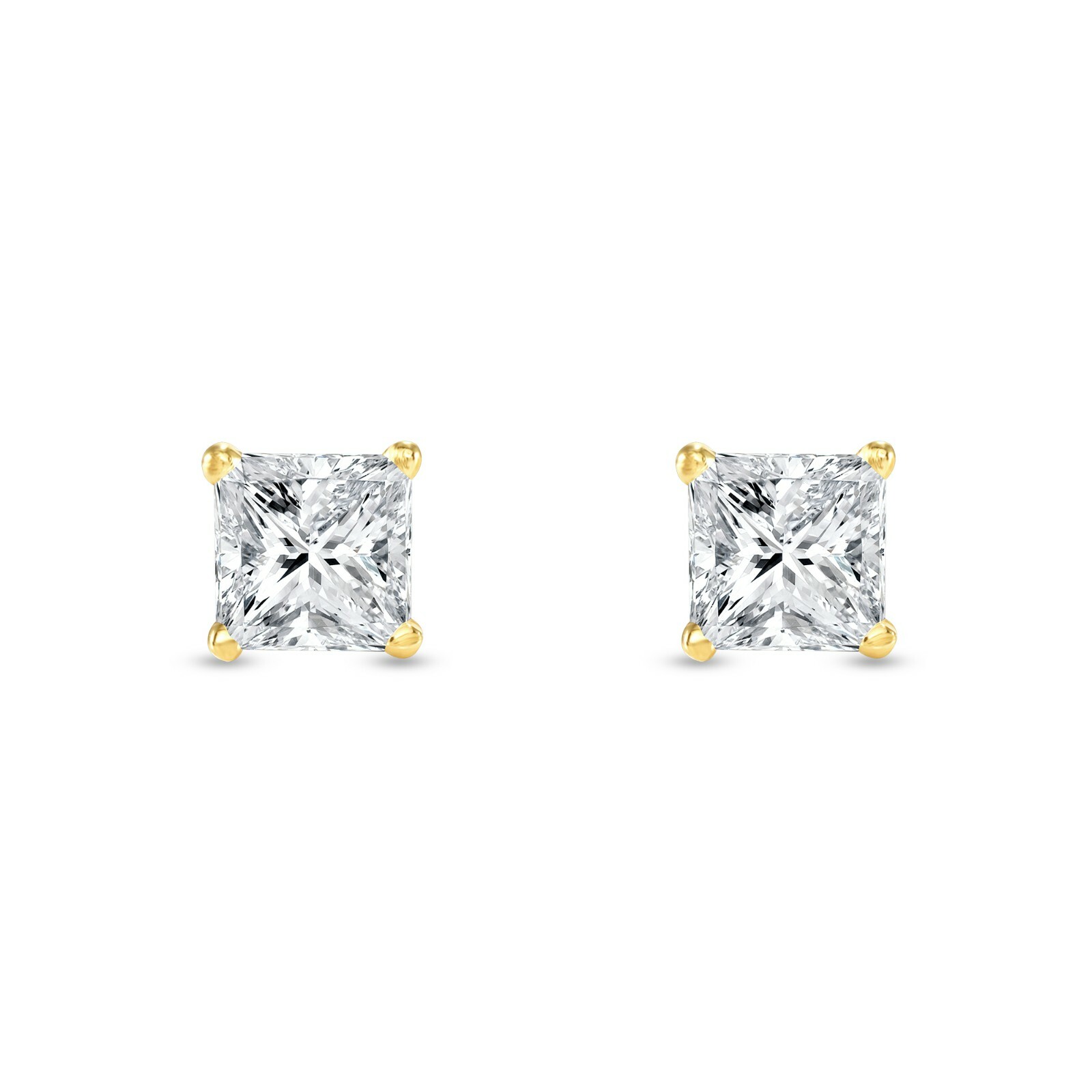 4 Ct Princess Cut Created Diamond Real 14K Yellow Gold Stud Earrings Screw Back