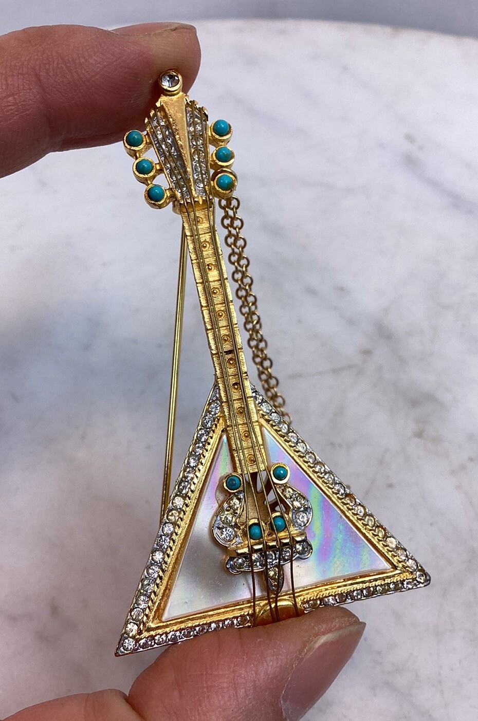 VTG R. MANDLE MOP Faux Turquoise Rhinestone Balalaika Guitar Pin Brooch Rare