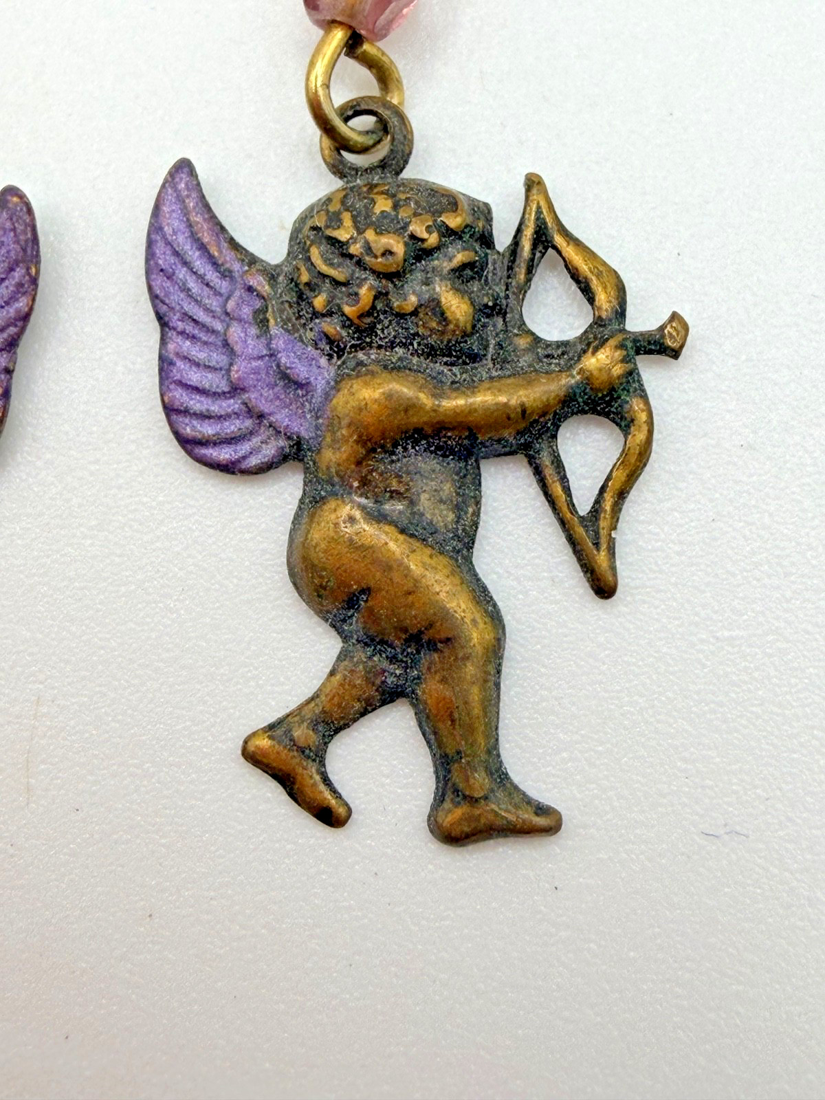 BRASS CUPID CHERUB DANGLE EARRINGS PURPLE WINGS & VIOLET BEADS VINTAGE VALENTINE