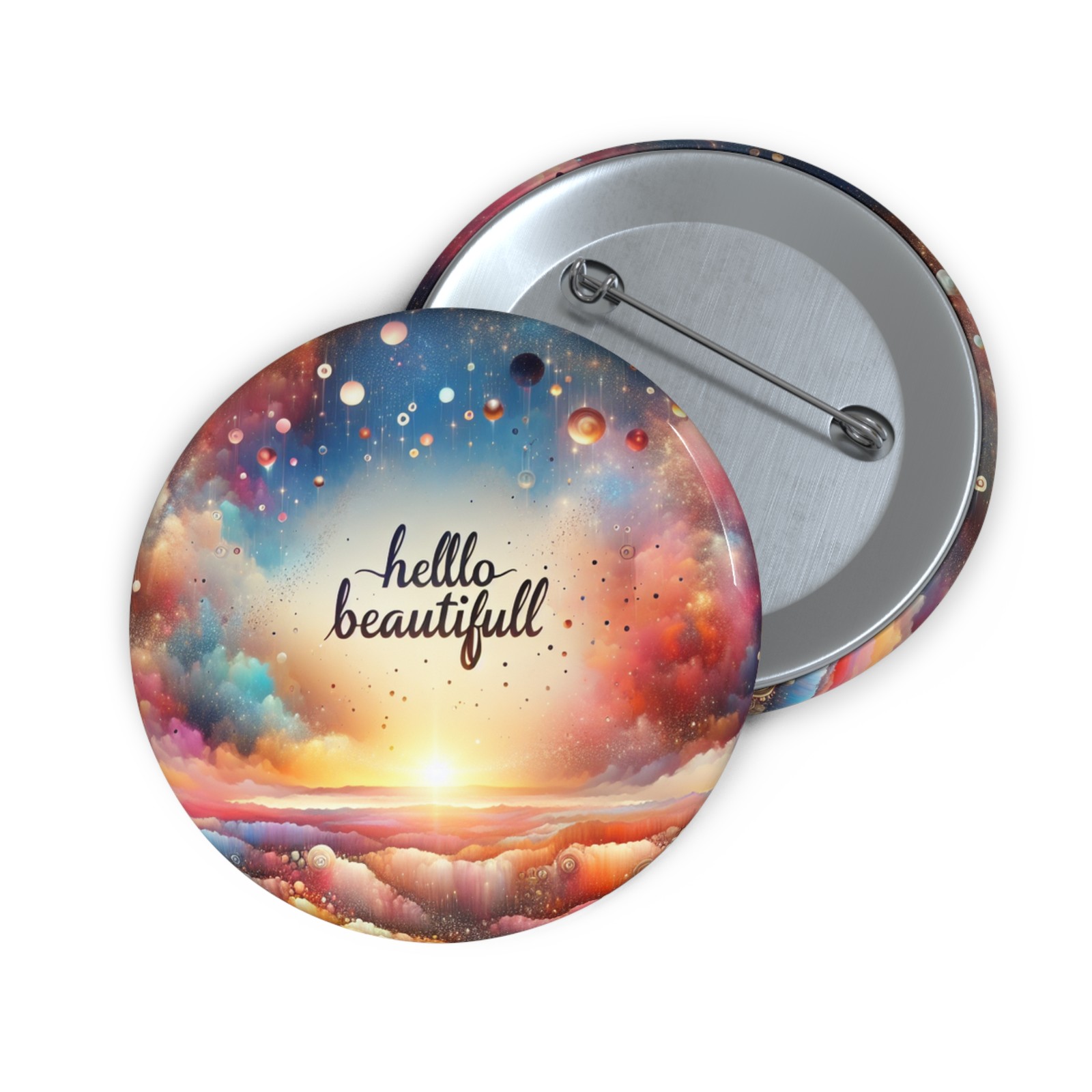 Hello Beautiful button pin, round pinback button | colorful sky art