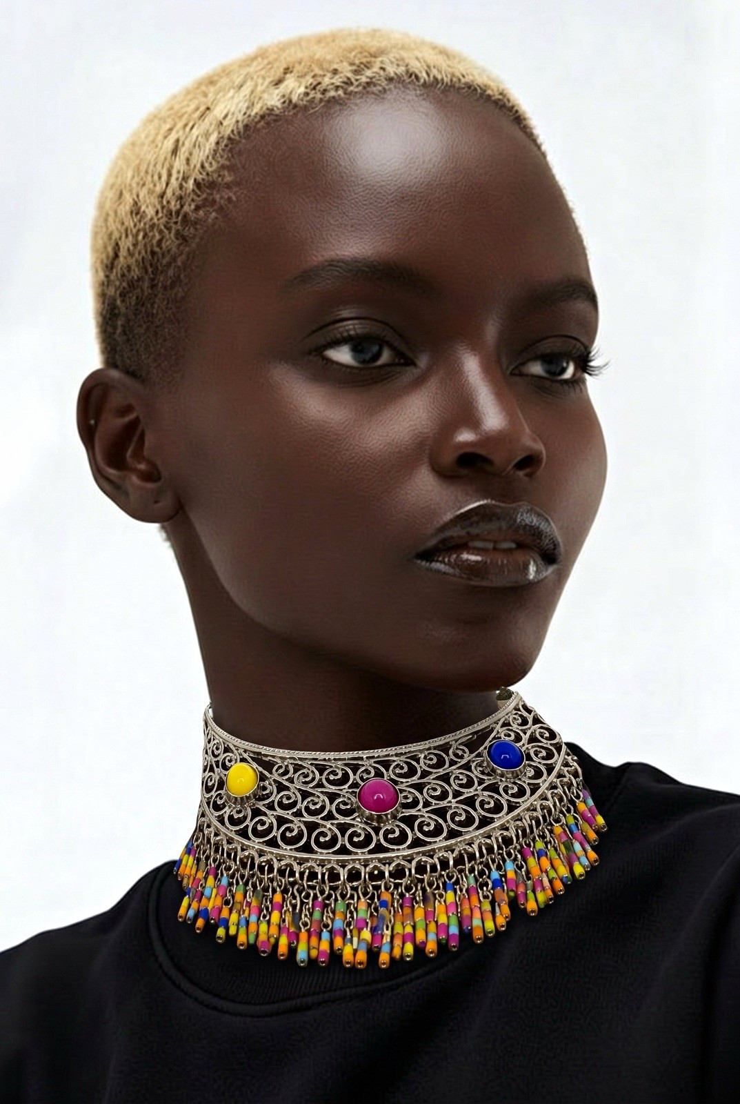 Silver Tone Bohemian Bib Choker Necklace, Multicolor Beads, Adjustable Cable