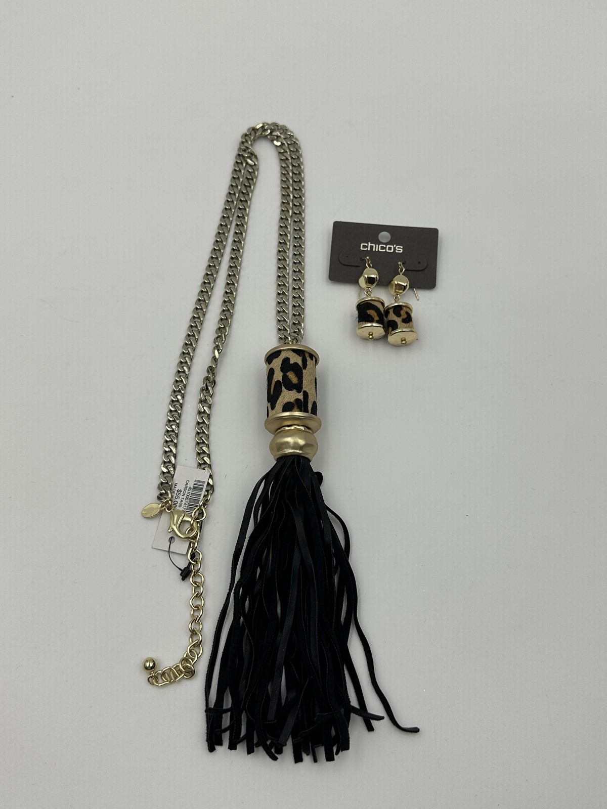Chico’s Carson Tass Necklace Earrings Set Leopard Tassel Women’s Gold Tone Black
