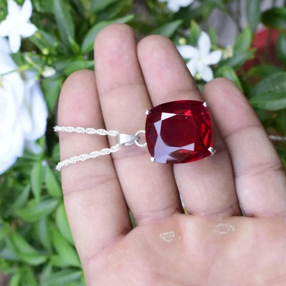Natural 21 Ct Cushion Cut Red Ruby Silver Pendant AGL Certified Gemstone Jewelry